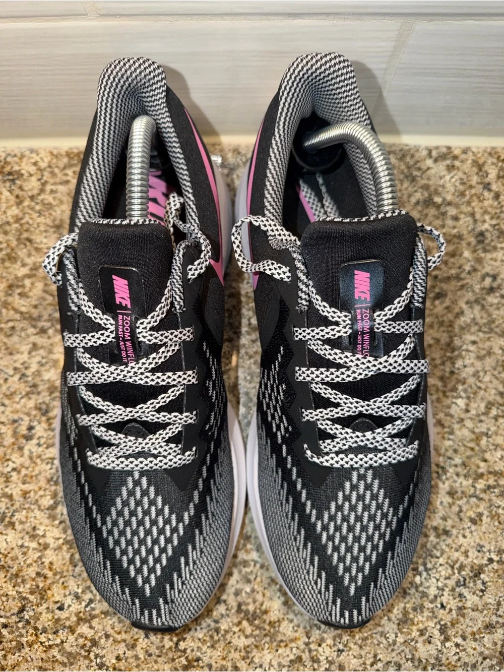 Nike Women’s Running Shoes - Black with Pink Swoosh and Gray Knit